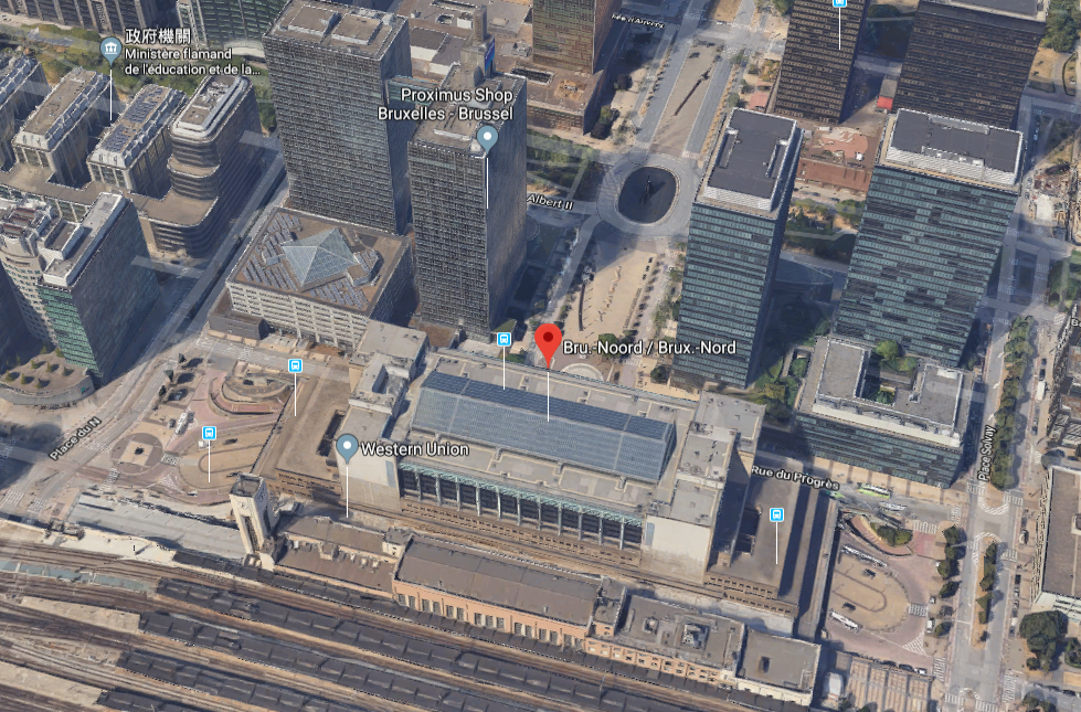 比利時警方今天(27日)表示，布魯塞爾鐵路北站(Brussels-North railway station)因為炸彈威脅，緊急疏散乘客。（Google Map）