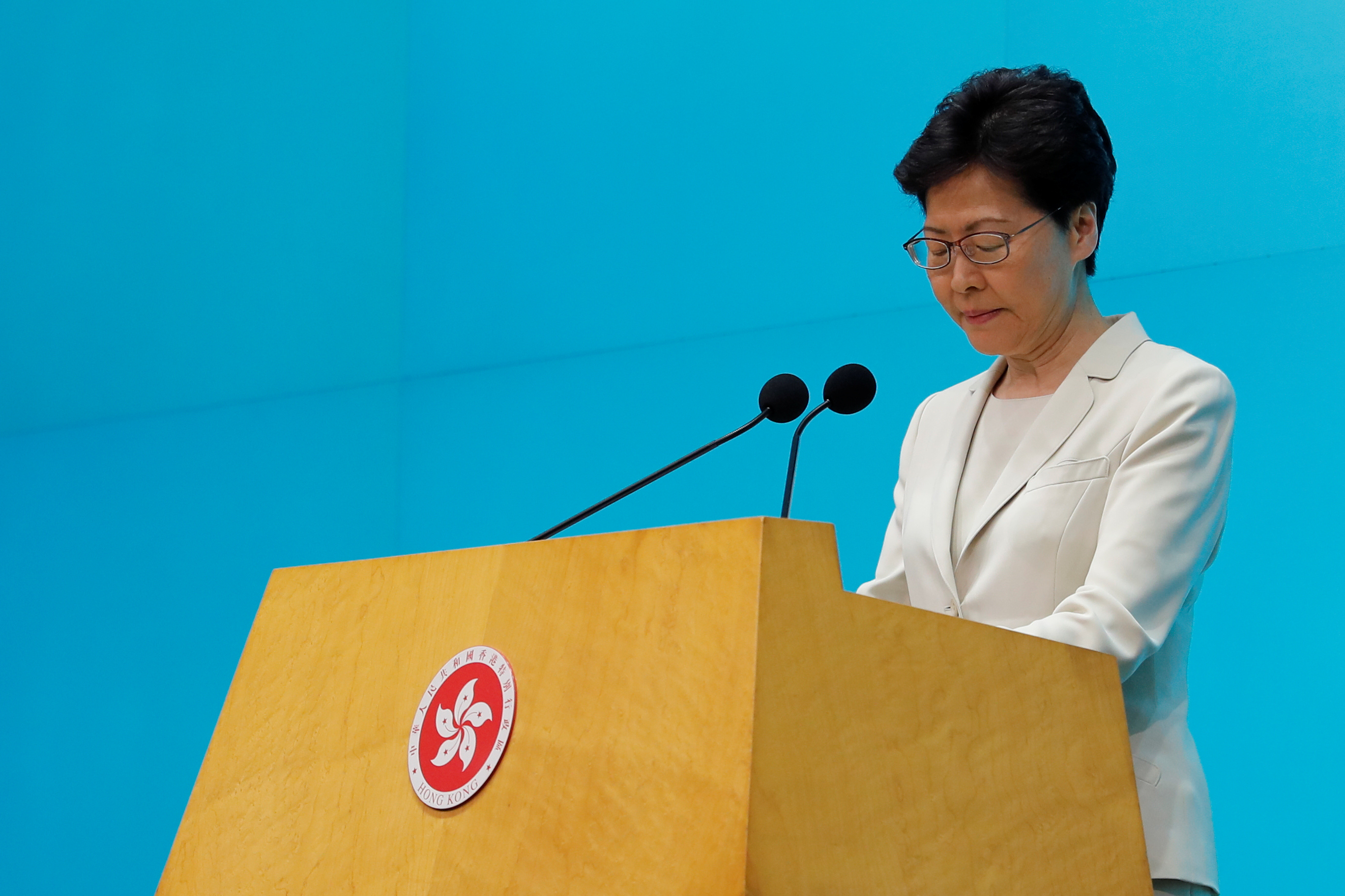 香港特首林鄭月娥今天對「逃犯條例」修訂風暴公開道歉，但未能完全平息不滿。(路透社/達志影像)