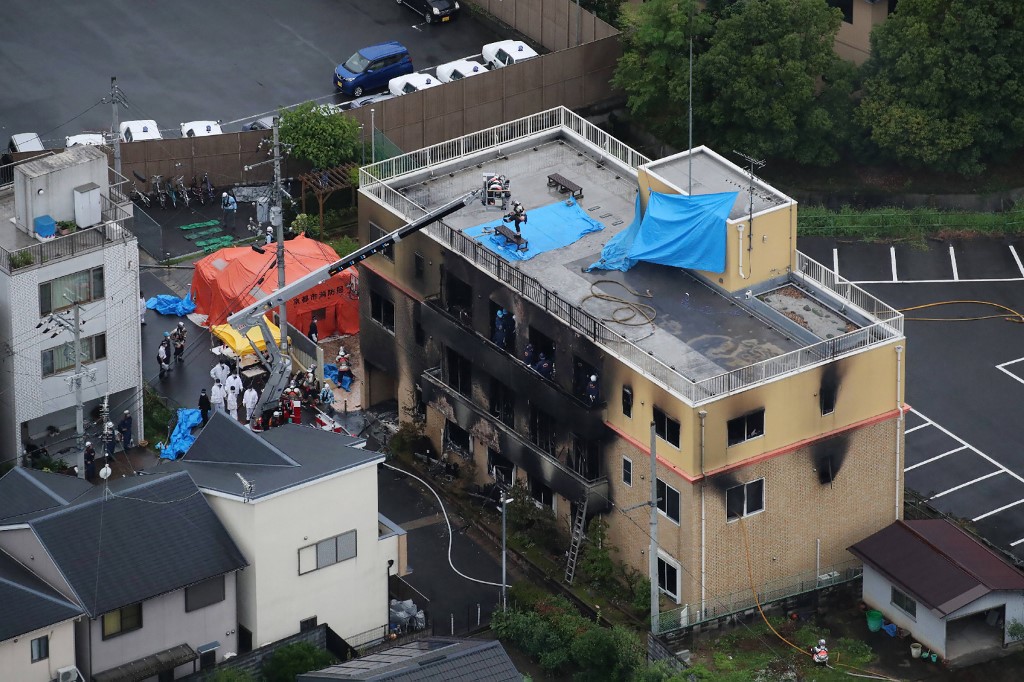 日本「京都動畫」工作室2019年7月18日遭人縱火，造成36人死亡的慘劇。（資料照片/ AFP）