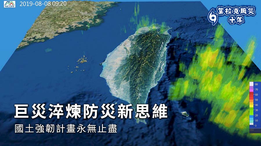 莫拉克風災後，改變了政府防災思維與策略，其中科技防災成為一大趨勢。圖為國家災害防救科技中心研發的3D雷達氣象監測系統。(NCDR)