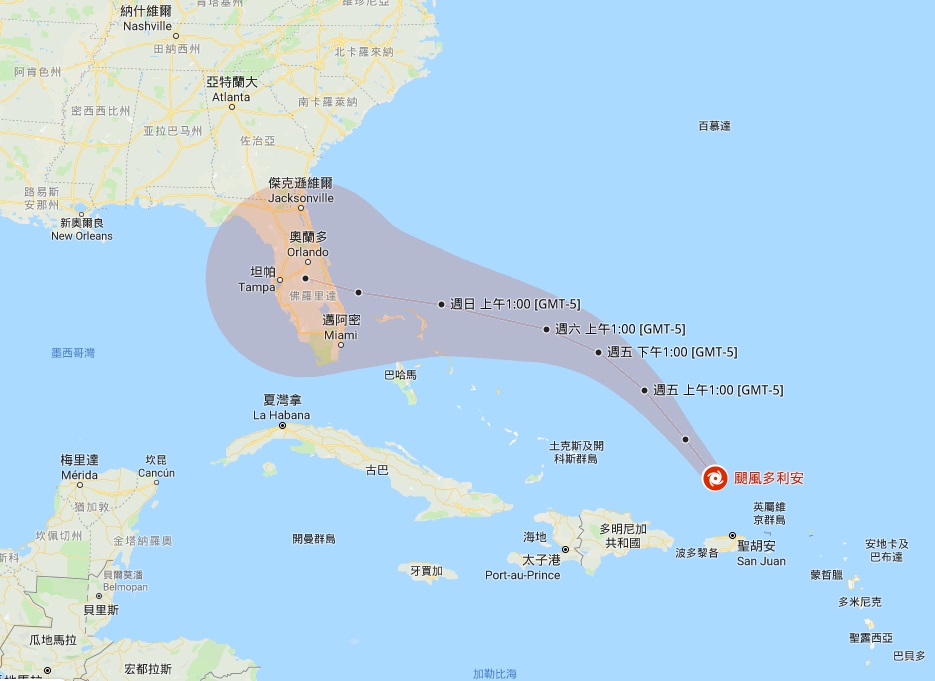 颶風多利安(Dorian)在美東時間29日清晨，持續朝著美國佛羅里達州海岸前進。(Google Map)