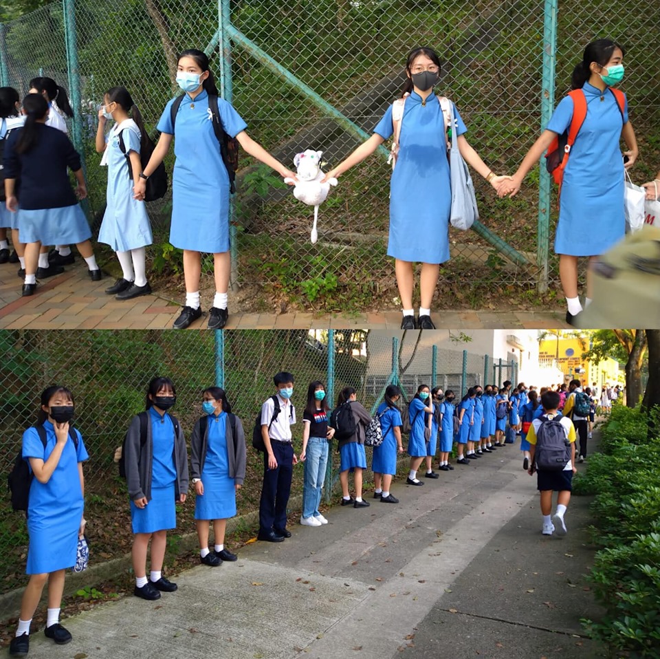 【9.9 學生人鏈】粉嶺華明路、欣盛里交界，聖方濟各書院和粉嶺救恩書院。(圖：立場新聞提供)