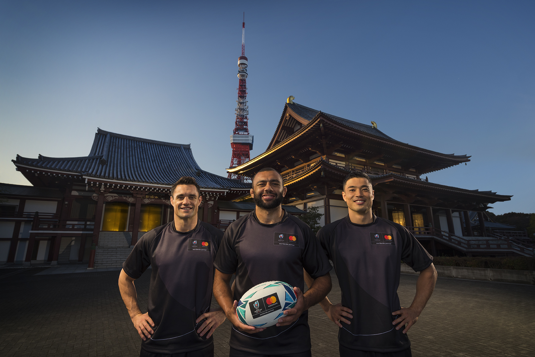 2019世界盃橄欖球賽萬事達卡大使。左起為丹•卡特(Dan Carter)、邁克爾•萊奇(Michael Leitch)、山田章仁(Akihito Yamada)。(圖：萬事達卡提供)