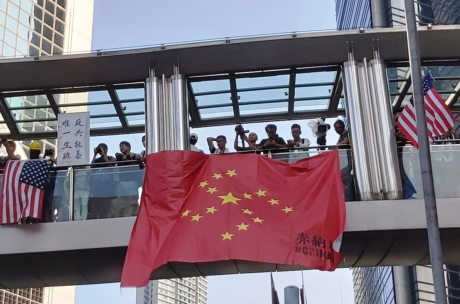 香港人在遊行中展示一面「赤納粹」的旗幟。(翻攝自臉書)