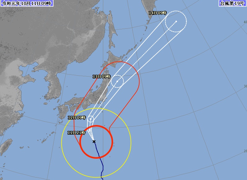 颱風哈吉貝預計今(11日)、明(12日)2天將會侵襲日本，多家航空公司也宣布今明兩天多班航班有取消異動，提醒民眾出發到機場前，要注意航班資訊。(圖：日本氣象廳官網)