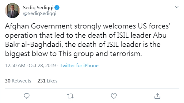 阿富汗總統甘尼(Ashraf Ghani)的發言人塞迪奇(Sediq Sediqqi)在推特貼文表示，對於伊斯蘭國(IS)首腦巴格達迪(Abu Bakr al-Baghdadi)在美軍突襲中死亡，阿富汗政府表示歡迎。(翻攝自推特)