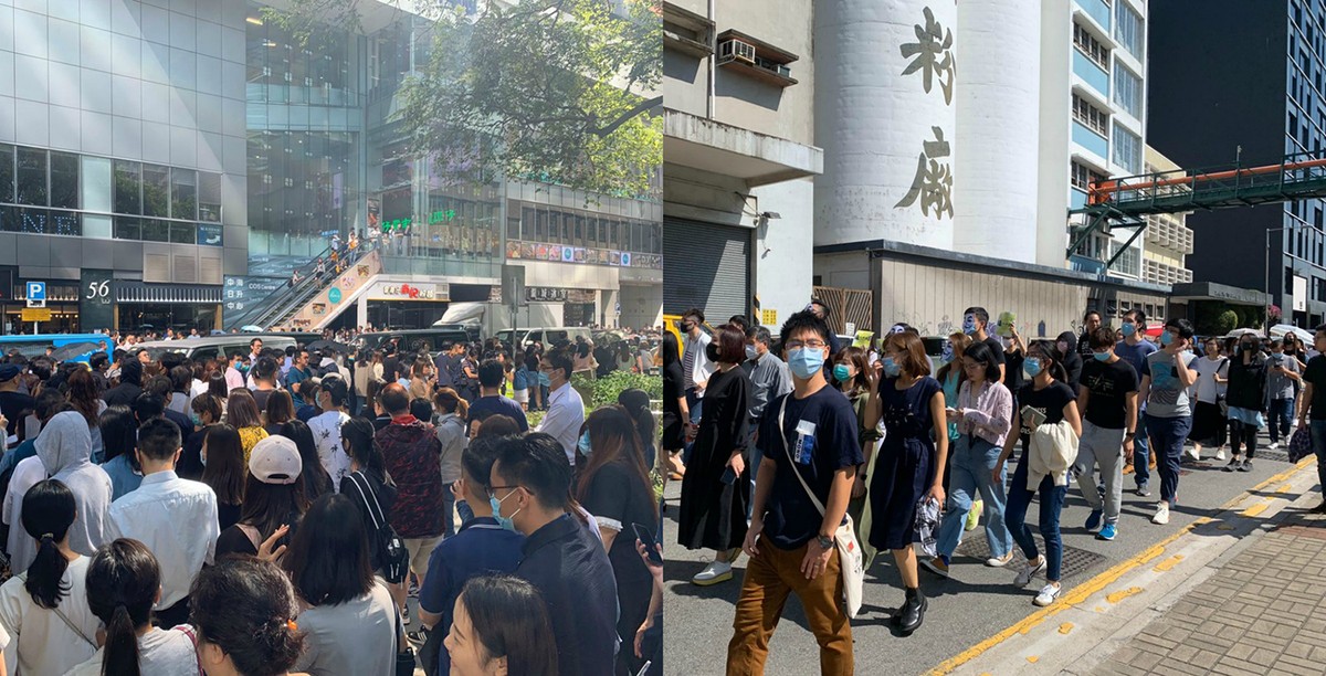 1日中午，香港中環和觀塘分別有快閃遊行。(立場新聞提供)