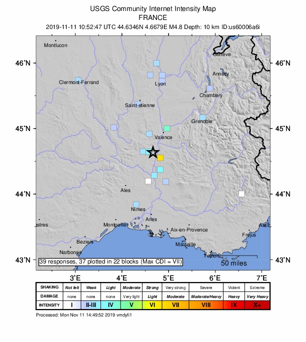 法國罕見規模5.4強震。(圖：取自USGS)