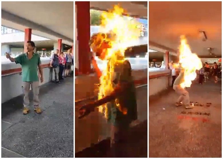 香港一名李姓男子日前遭到黑衣人澆淋液體並縱火。(網路圖片)