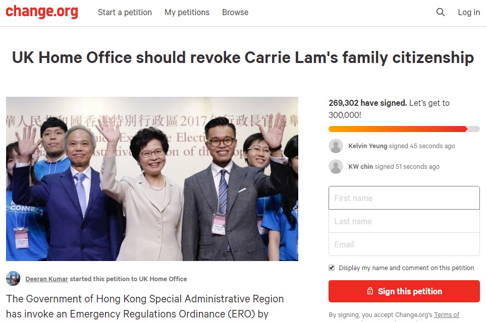 有民眾在民間請願網站Change.org發起連署，要求英國政府撤銷香港特區行政長官林鄭月娥的丈夫和2個兒子的英國國籍。(圖擷自Change.org)