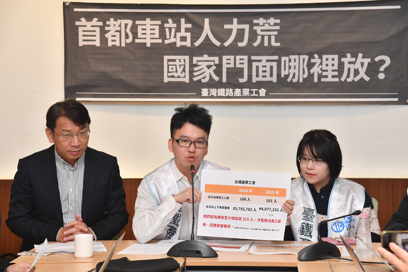 台灣鐵路產業工會5日舉行「首都車站人力荒 國家門面哪裡放？」記者會，台灣鐵路產業工會理事長王傑（中）指出，近年來因台鐵人力匱乏，無法負荷台北站旅客需求。(圖:中央社)