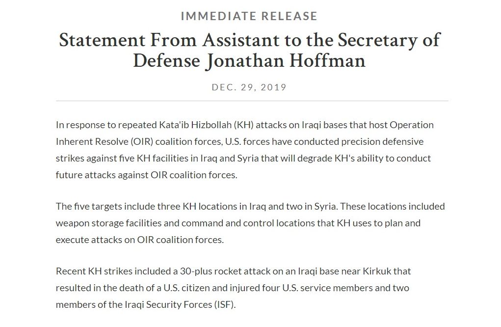 美國國防部發言人霍夫曼(Jonathan Hoffman)透過聲明表示：「真主黨旅不斷攻擊駐有『堅定決心行動』聯軍的伊拉克基地，美軍對此因應而進行了精準的防禦性空襲。」(圖:美國國防部)