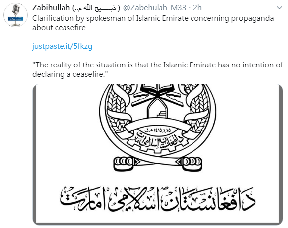 阿富汗叛亂組織「塔利班」(Taliban)30日針對外界的傳言，指塔利班有意與美國達成和平協議，停止戰鬥，駁斥為不實消息，強調塔利班在阿富汗「沒有停火計畫」。(翻攝自推特)