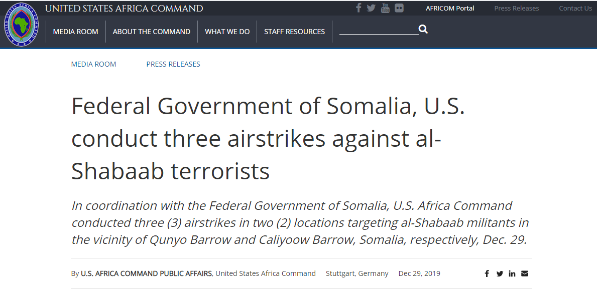 美軍非洲司令部表示，美國軍方29日在索馬利亞對伊斯蘭好戰組織「青年黨」(Al-Shabaab)發動空襲，擊斃4名「恐怖份子」。(圖翻攝自africom)