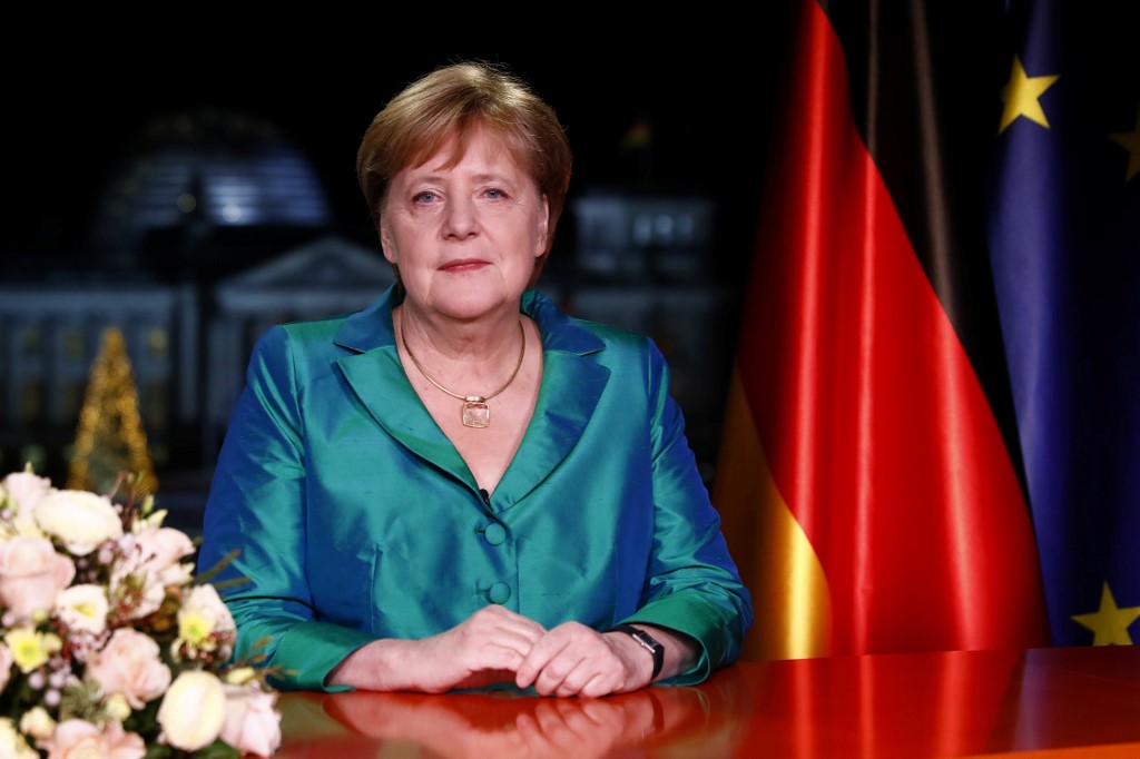 德國總理梅克爾(Angela Merkel)30日錄製新年祝詞。 (AFP)