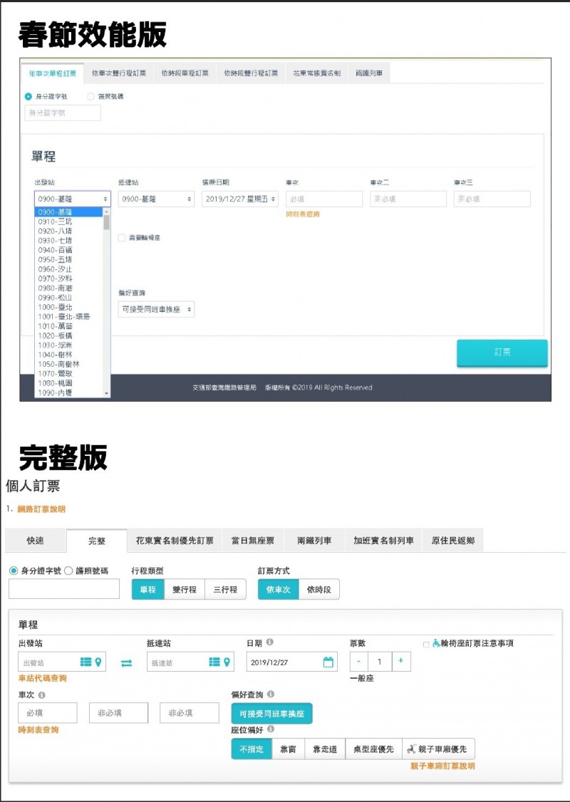 台鐵春節訂票效能版網頁。圖:台鐵提供