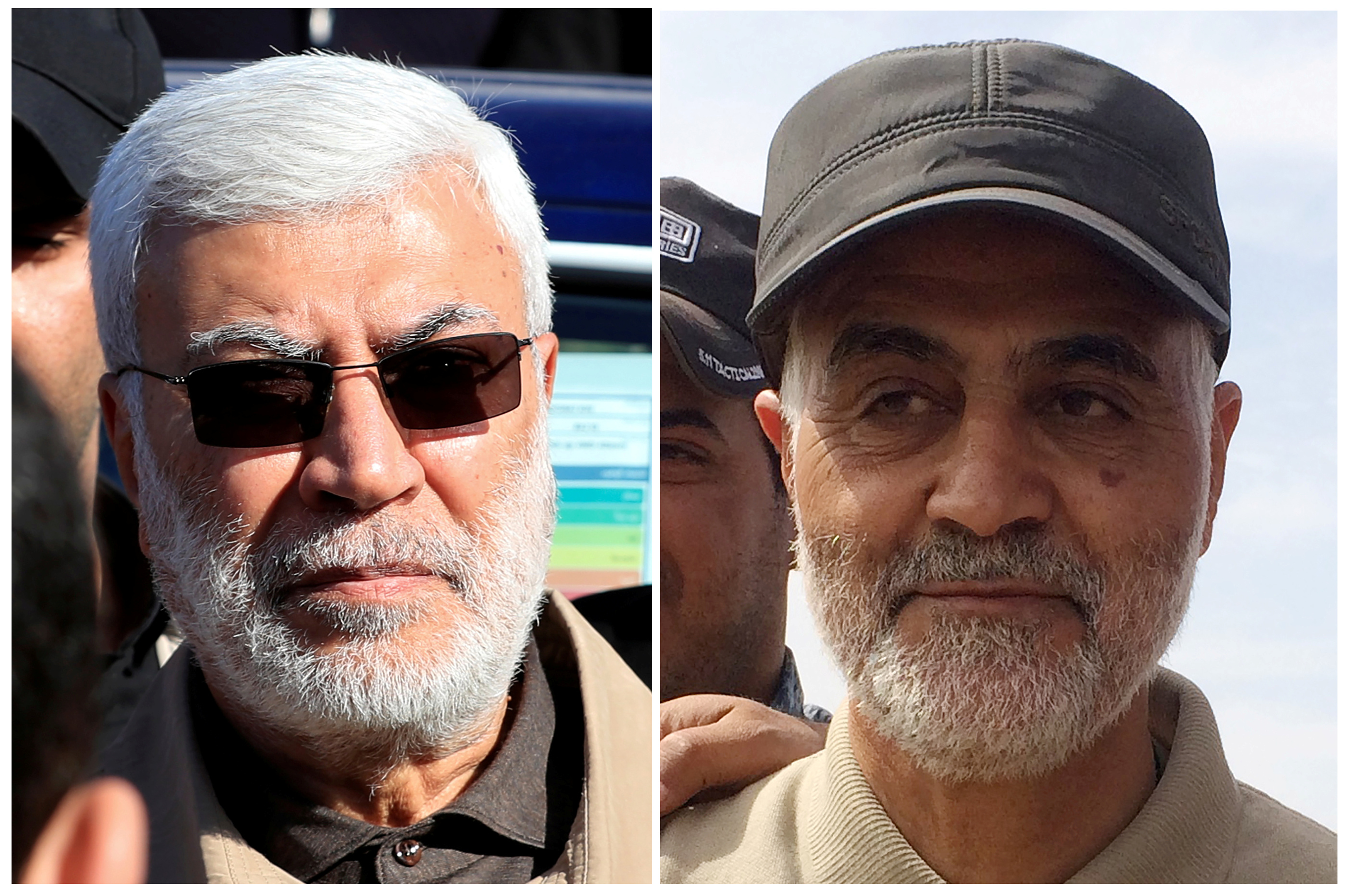 伊朗革命衛隊轄下聖城部隊指揮官蘇雷曼尼(Qassem Soleimani)(右)，以及伊拉克境內親伊朗的準軍事部隊「人民動員」領袖莫罕德斯(Abu Mahdi al-Mohandes)。(路透社/達志影像)