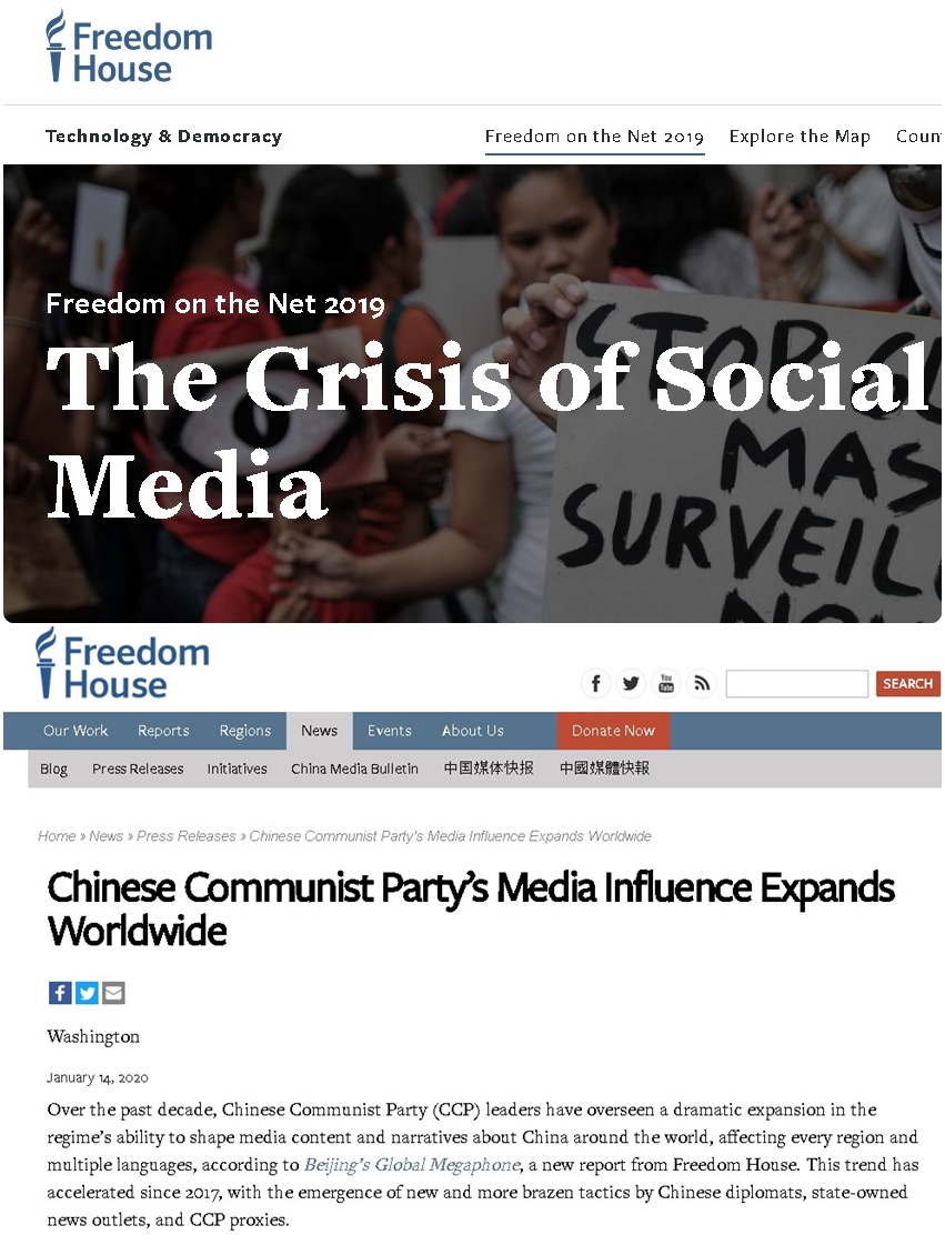 美國「自由之家」敦促各國政府懲罰中國官員並制訂更嚴格的廣電規範，因應中國積極擴大影響海外媒體的現象。(圖：取自自由之家官網)