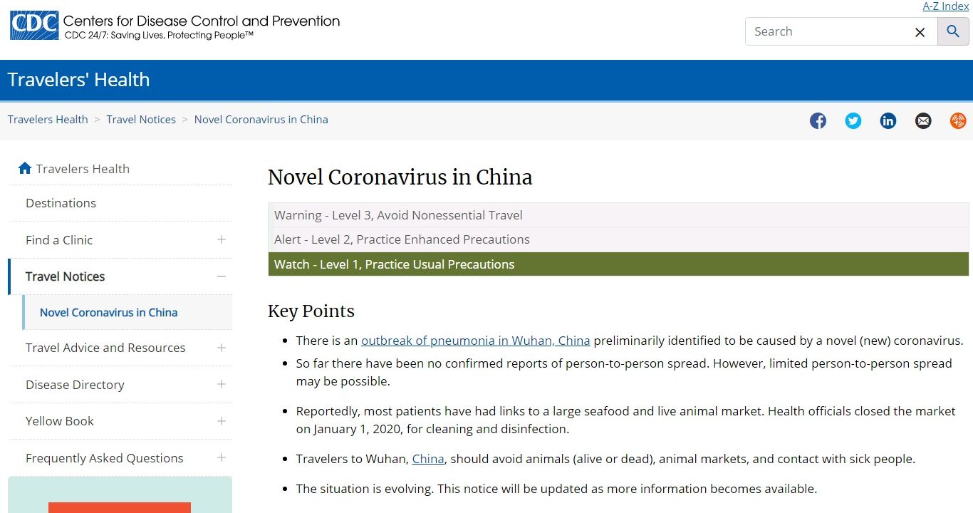 防武漢新型肺炎，美發旅遊警示。 (圖:美CDC)