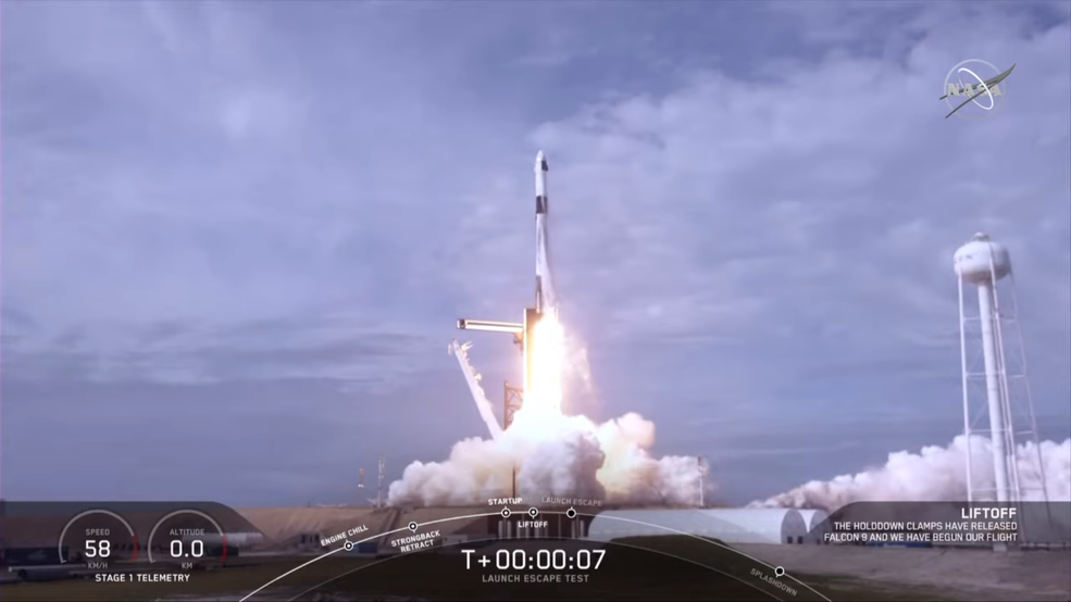 美國太空探索科技公司(SpaceX)的無人太空船「飛龍號(Crew Dragon)」在19日發射升空，並在發射後的9分鐘內，成功測試太空船的緊急逃生系統。(圖：NASA官網)