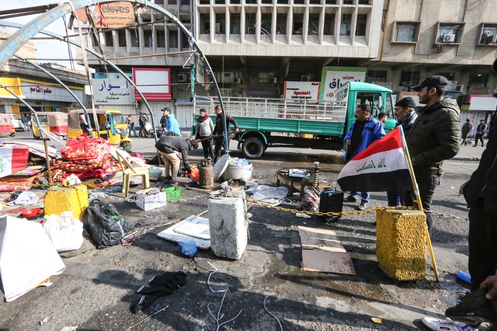 伊拉克首都巴格達「解放廣場」(Tahrir Square)、抗議民眾駐守多個月的抗議營區。(AFP)