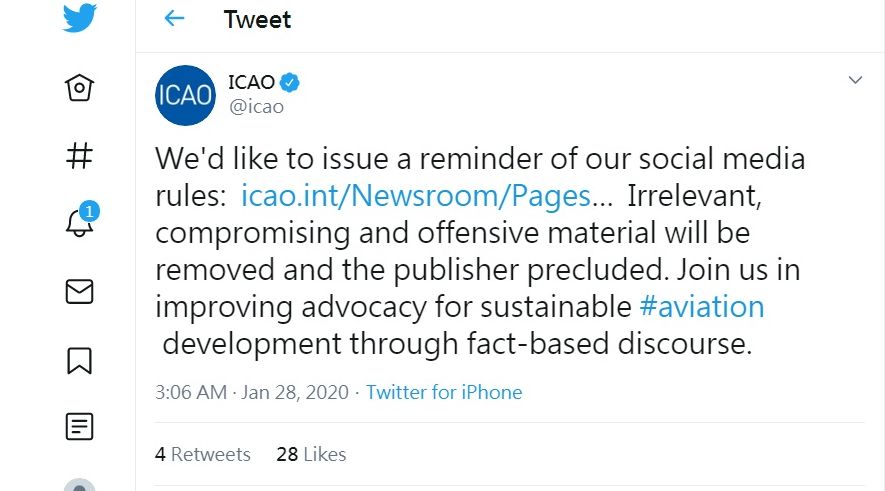 國際民航組織27日在官方推特上發布社群網站規則聲明表示，將移除不相關、有損聲譽與冒犯性內容，批評者帳號將會被移除。