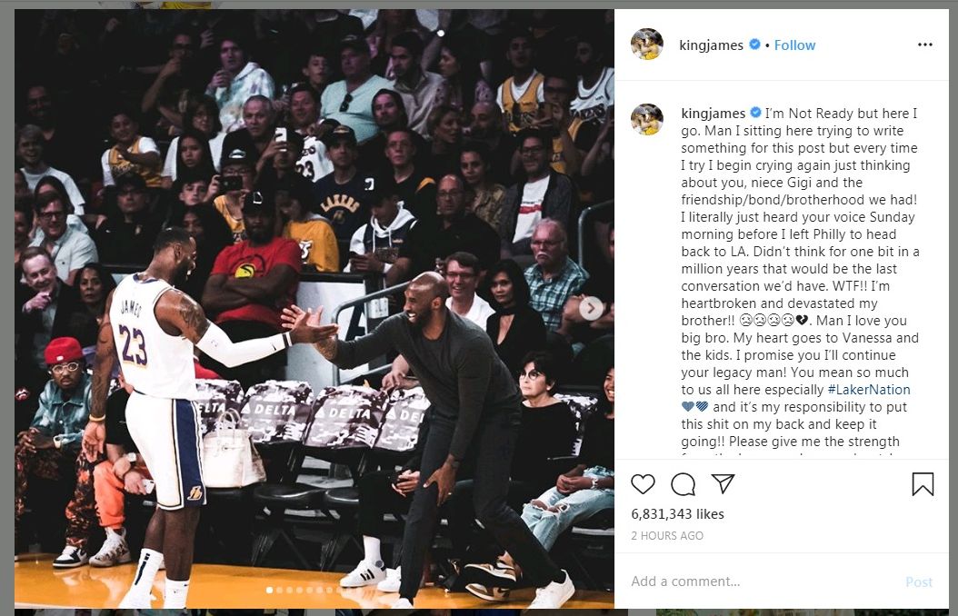 詹姆斯27日在Instagram發文說，他對布萊恩之死心碎又震驚，並承諾自己將持續布萊恩留下的湖人冠軍成就，把責任扛在肩上。(圖:IG)