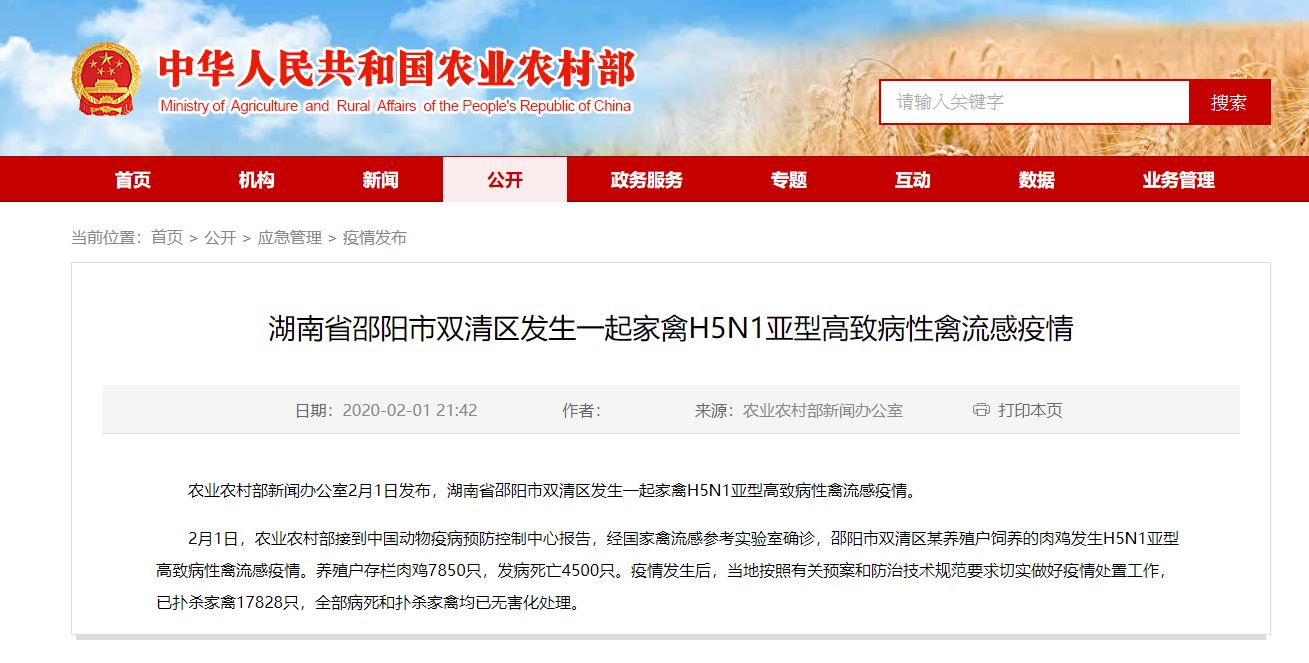 中國農村部發布H5N1疫情。圖:取自中國農村部網頁
