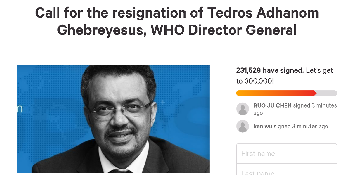 網友連署要求世衛祕書長譚德塞（Tedros Adhanom Ghebreyesus）辭職。(Change.org)