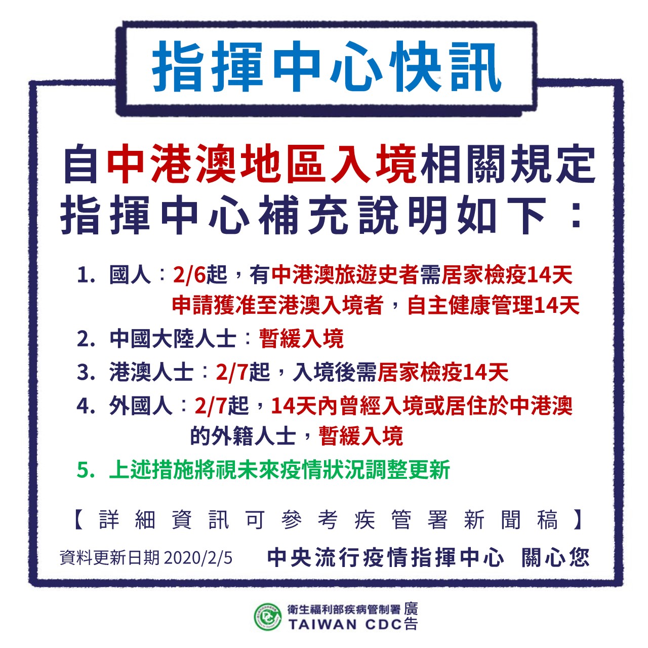 指揮中心宣布最新中港澳地區入境之規定(疾管署提供)