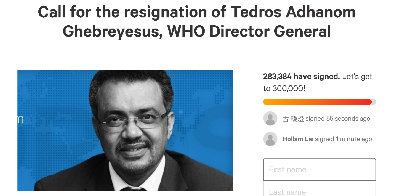 網友連署要求世衛祕書長譚德塞（Tedros Adhanom Ghebreyesus）辭職。(Change.org)
