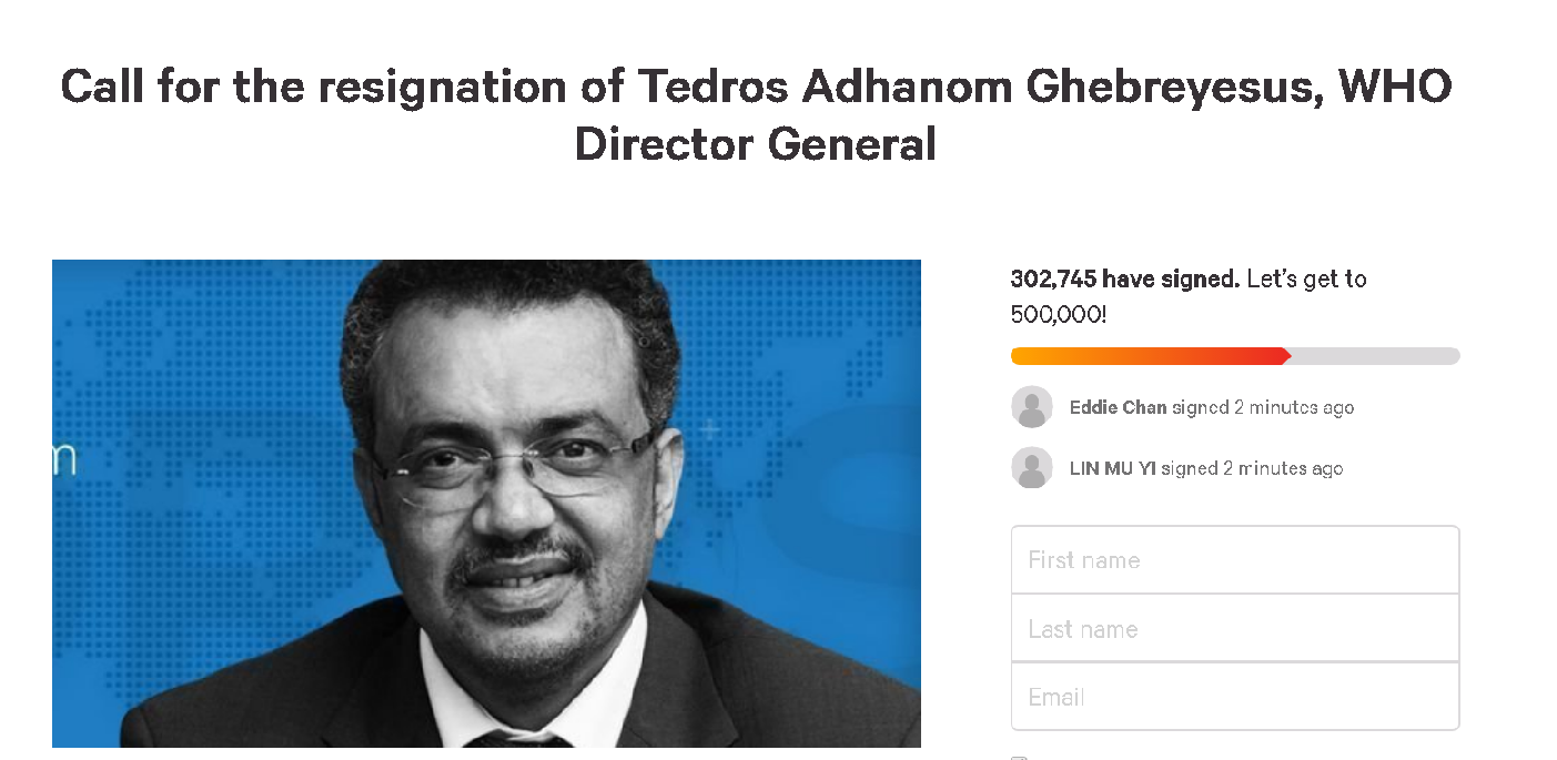 逾30萬網友連署要求世衛祕書長譚德塞（Tedros Adhanom Ghebreyesus）辭職。(Change.org)