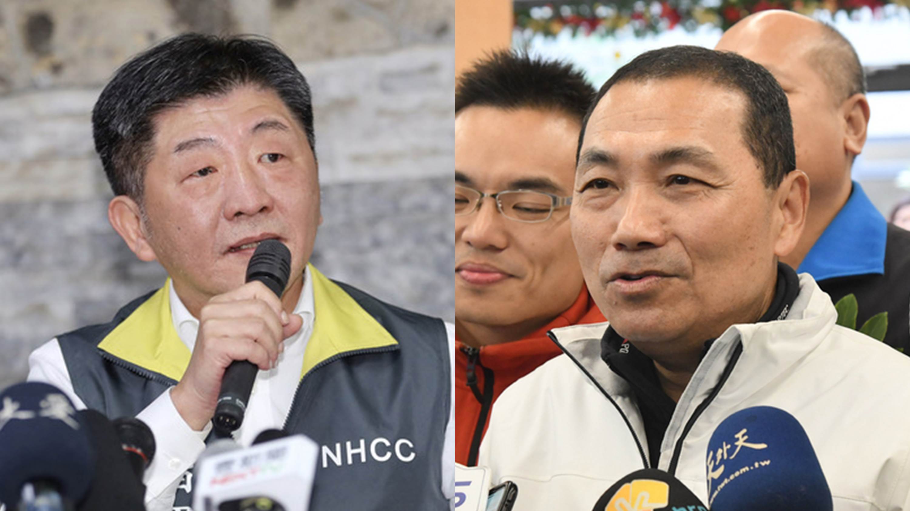 新北市長侯友宜(右)與中央流行疫情指揮中心指揮官陳時中(左)探訪烏來檢疫所，為防疫團隊打氣。(合成圖/中央社)
