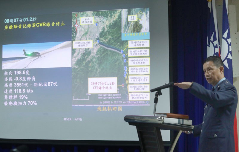 國防部15日上午召開「黑鷹調查初步報告出爐」記者會，初步判斷UH-60M黑鷹直升機日前失事原因屬環境（天氣與地形）與人因複合因素。空軍司令部督察長黃志偉少將（圖）會中說明飛航軌跡。(圖：中央社)