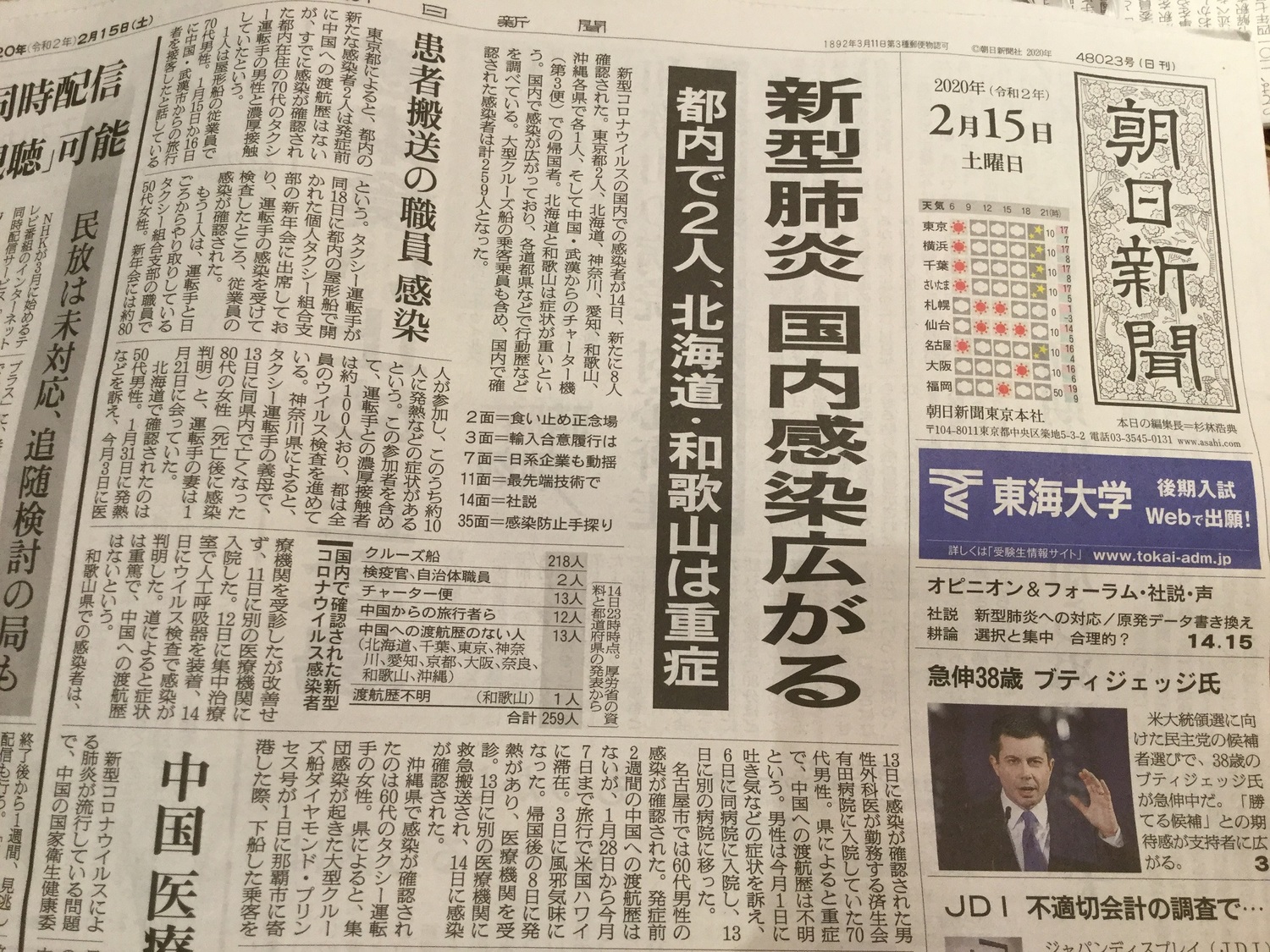 疫情在日本國內不斷擴大，從北海道到沖繩都有武漢肺炎確診者。   圖：劉黎兒翻拍朝日新聞