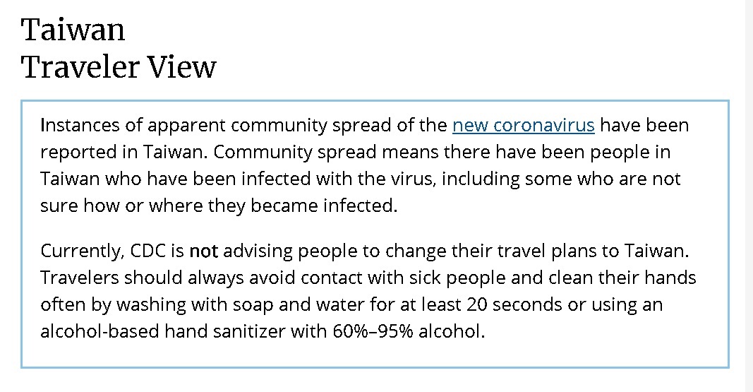 美國CDC指出，台灣出現武漢肺炎社區傳播。(CDC官網)