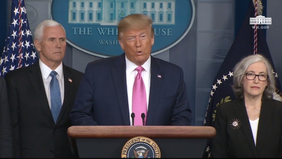 美國總統川普26日針對COVID-19(武漢肺炎)召開記者會。(臉書)