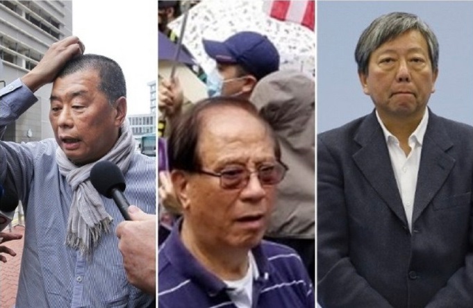 警方今早先後逮捕李卓人(右)、壹傳媒集團創辦人黎智英(左)和民主黨前主席楊森(中)。(合成圖/微博)