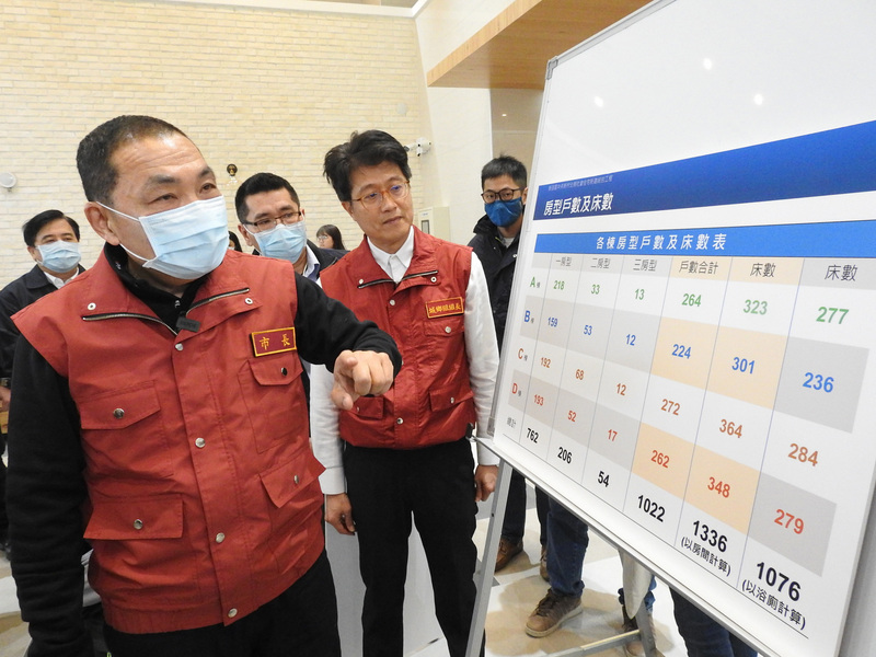 新北市新店中央新村北側青年社會住宅未來將啟用作為防疫醫護人員的集中休憩住所，市長侯友宜（前）2日特別前往視察，瞭解各種房型設備。(圖：中央社)