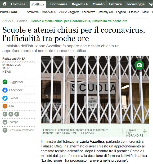 義大利新聞社(ANSA)報導為抑制新冠病毒疫情擴散，義大利政府決定從5日起關閉全國各級學校和大學至三月中旬。(圖擷取自ANSA)