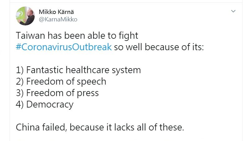 芬蘭國會議員推文讚台灣防疫。 (圖:推特)