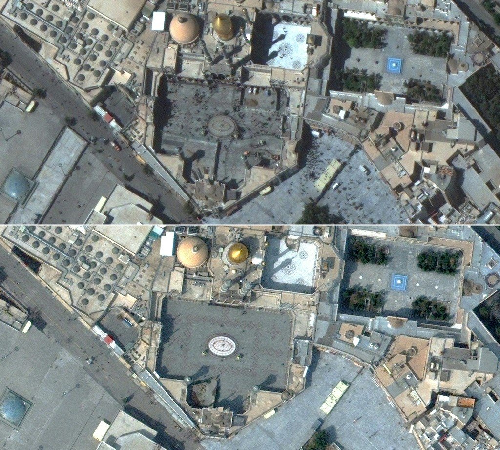 從伊朗庫姆(Qom)法蒂瑪聖陵(Hazrat Masumeh Shrine)上空拍攝的圖像顯示，這個伊朗的聖地之一完全空無一人。圖像中只見聖陵著名的圓頂在陽光中閃耀。(圖/推特)