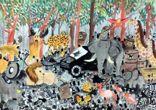 嘉義縣祥和國小二年級的黃紫葳以畫作Garbage forest，獲得美國綠樹蛙協會第十屆世界兒童藝術比賽7-9歲組別榮譽獎第一名。（翻攝自美國綠樹蛙協會官網）