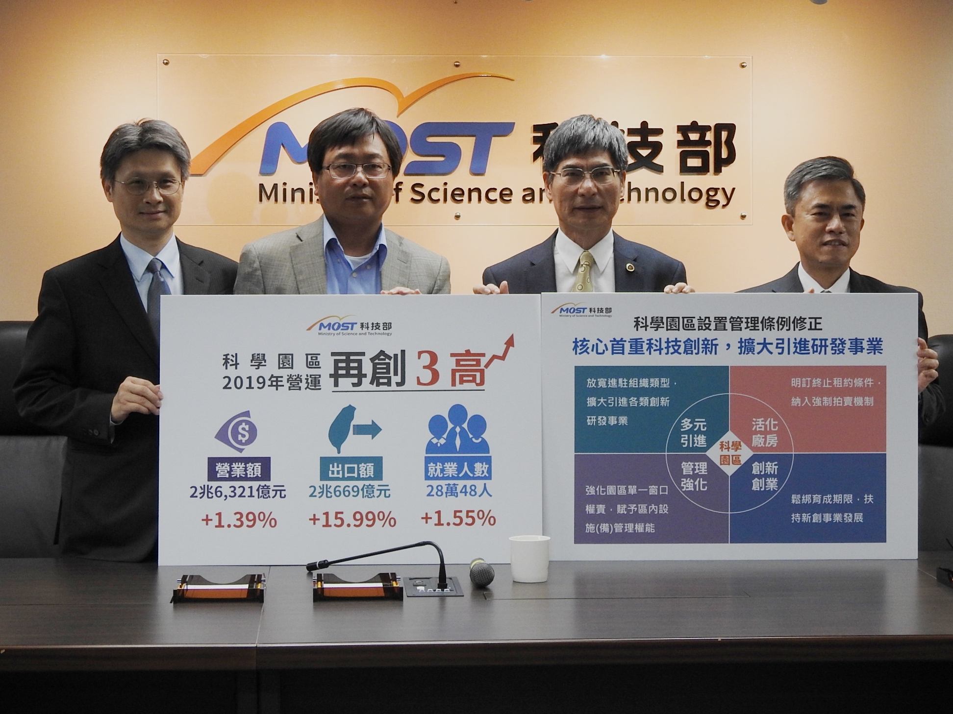 科技科技部今天公布去年科學園區營收。左起：南科管理局副局長蘇振綱、竹科管理局局長王永壯、科技部部長陳良基、中科管理局局長許茂新。（科技部提供）
