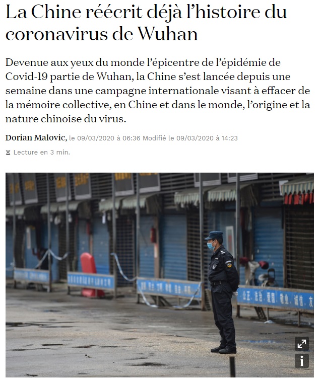 法國「十字架報」今天以「中國企圖改寫武漢冠狀病毒的歷史」為題，分析中國正動用外交與媒體力量改寫武漢肺炎歷史。(圖擷自十字架報)