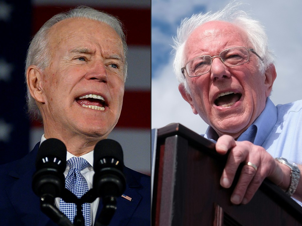 正角逐民主黨總統候選人提名的拜登(Joe Biden,左)及桑德斯(Bernie Sanders,右)12日相繼抨擊川普在防疫上的缺失，呼籲採取緊急行動，協助國人支付醫療照護費用。 (AFP)