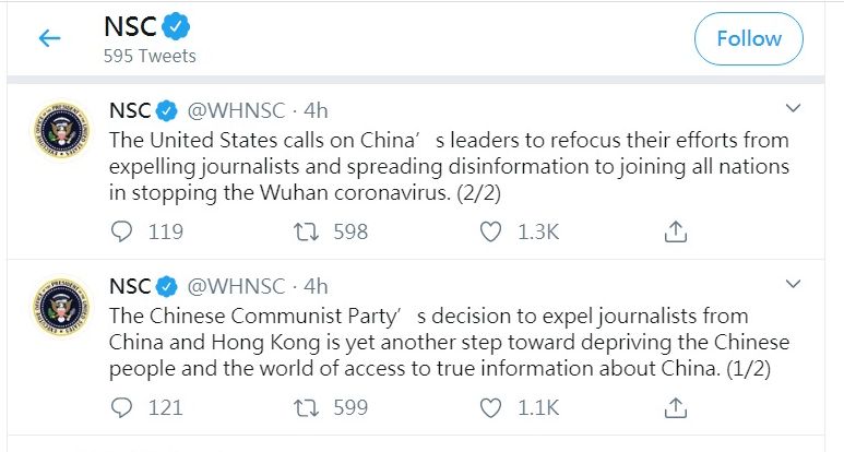 不滿記者遭驅逐，白宮國安會推文要中國專心抗武漢病毒。 (圖:推特)