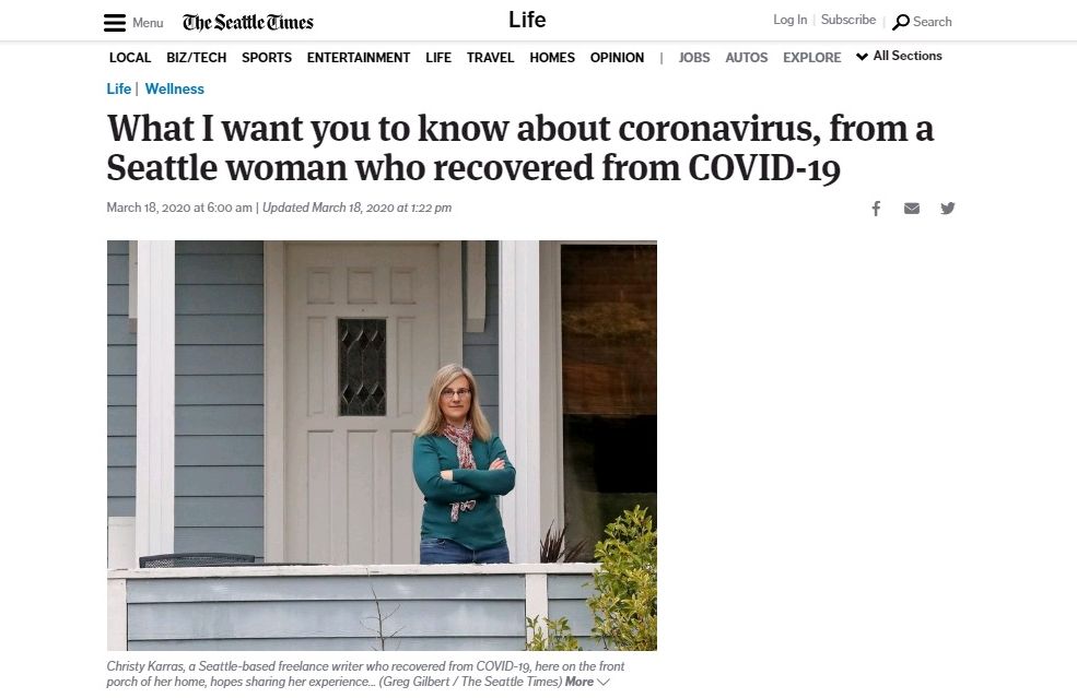 西雅圖時報(The Seattle Times)18日刊登自由撰稿人卡拉斯，罹患俗稱武漢肺炎經過與體悟。 (圖:西雅圖時報)