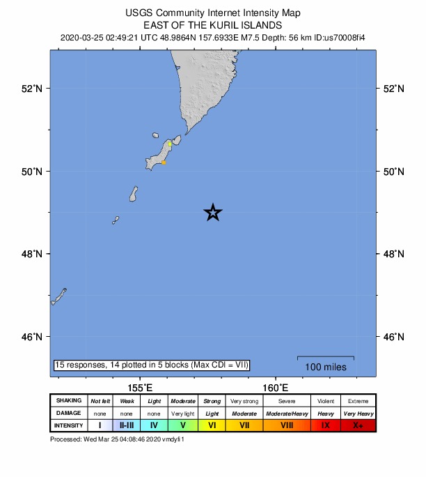在俄羅斯地區的千島群島外海發生規模7.5強震之後，當局已經在25日解除了海嘯警報。(圖：取自USGS)