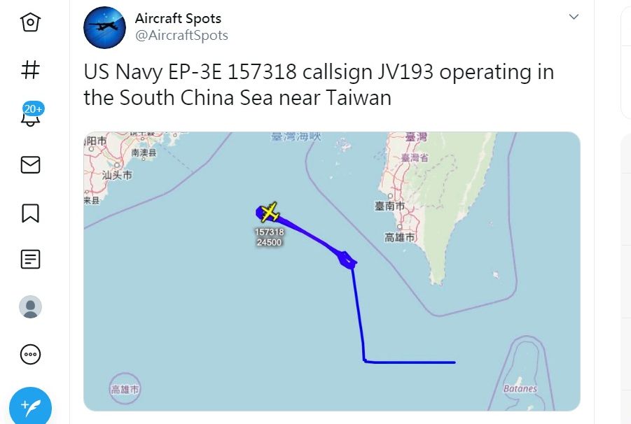 「飛機守望」(Aircraft Spots)25日指出，一架隸屬美國海軍的EP-3E「白羊座」電子偵察機在台灣西南海域、南中國海附近飛行。(圖:推特)